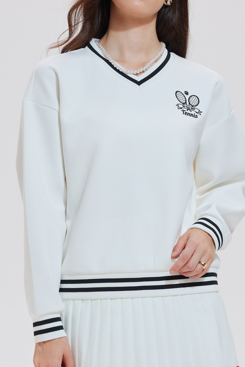Women's Tennis Embroidered V-Neck Color-Block Pullover Sweatshirt
