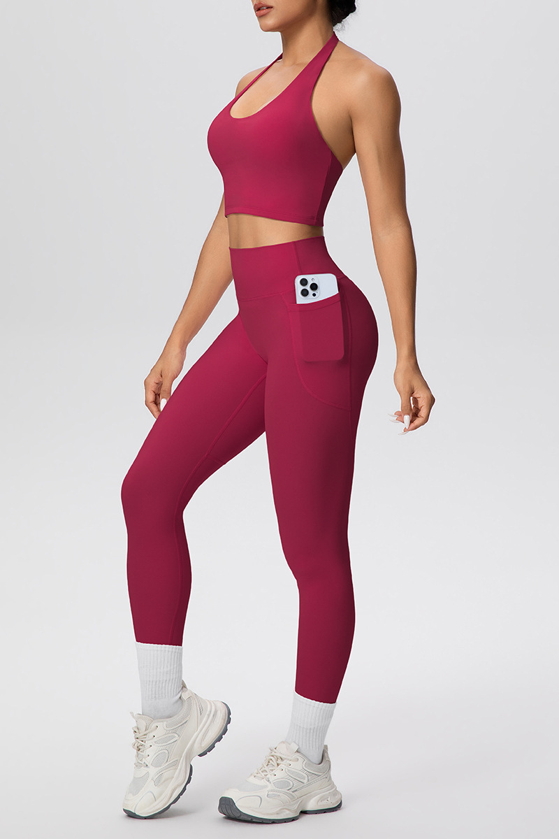 Women's Athletic Set:Healterneck Bra And Side Pocket Legging