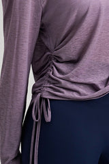 Women Round Neck Yoga Cover Long Sleeve Side Drawstring Loose Fit Sports Top
