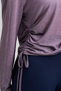 Women Round Neck Yoga Cover Long Sleeve Side Drawstring Loose Fit Sports Top