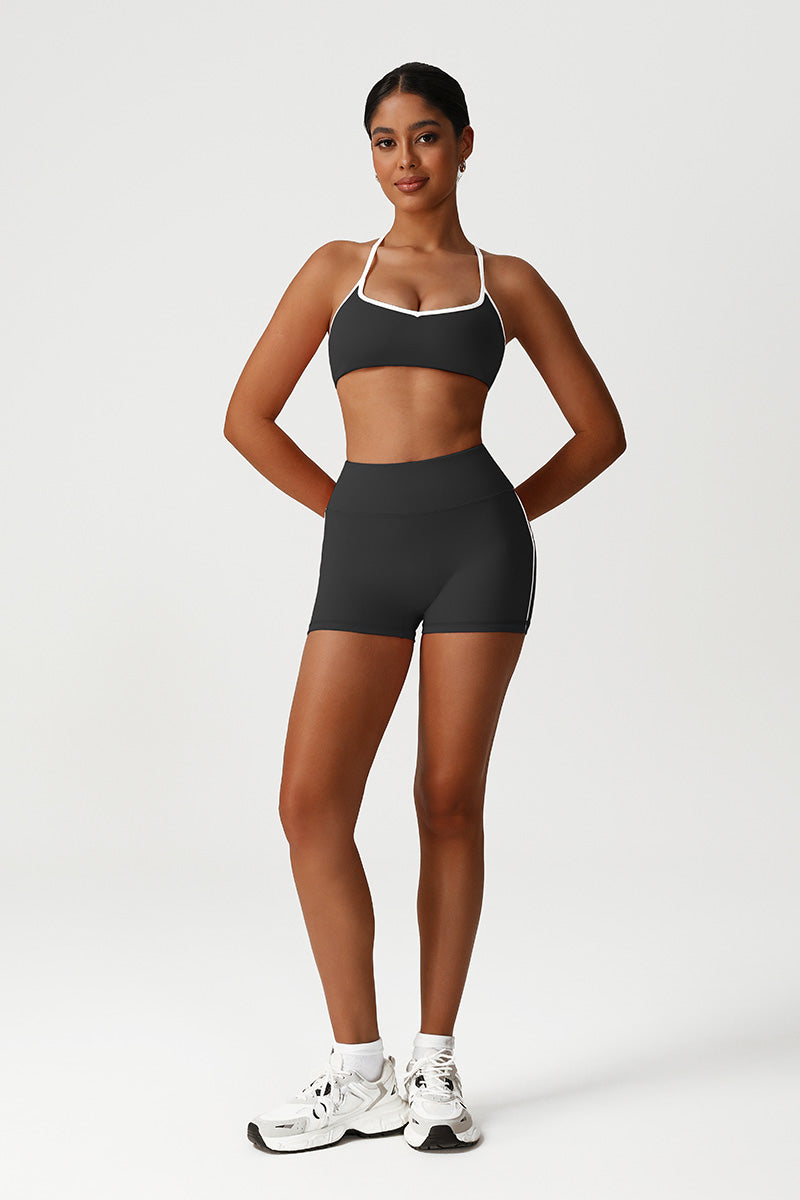 Women Seamless High Waisted Workout Set: Cross Back Sports Bra + Peach Lifting Shorts