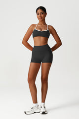 Women Seamless High Waisted Workout Set: Cross Back Sports Bra + Peach Lifting Shorts