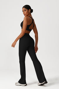 Women Fitness Yoga Set: Cross Back Sports Bra + Flared Leggings