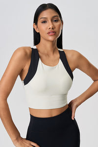 Women Color Block Short Built-In Bra Sculpting Cross Back Yoga Sports Bra