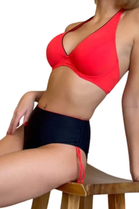 Women's Halter Deep V High Waist Back Tie Bikini Set - Solid