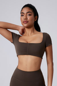 Women Square Neck Crop Removable-Pad Pleated Sculpting Workout Short Sleeve