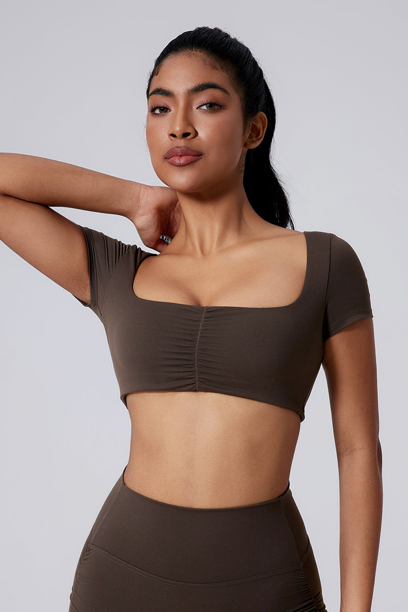 Women Square Neck Crop Removable-Pad Pleated Sculpting Workout Short Sleeve