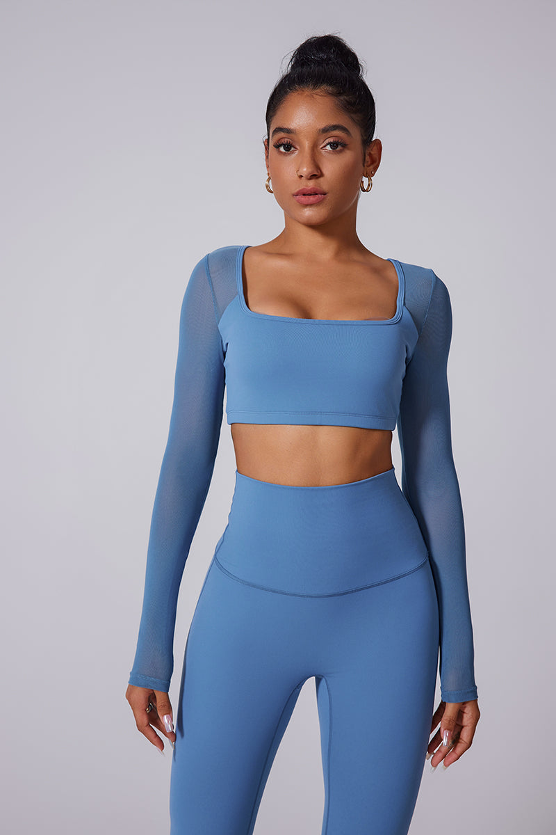 Women'S Square Neckline Mesh Shows The Navel Back Pleated Athletic Long Sleeves