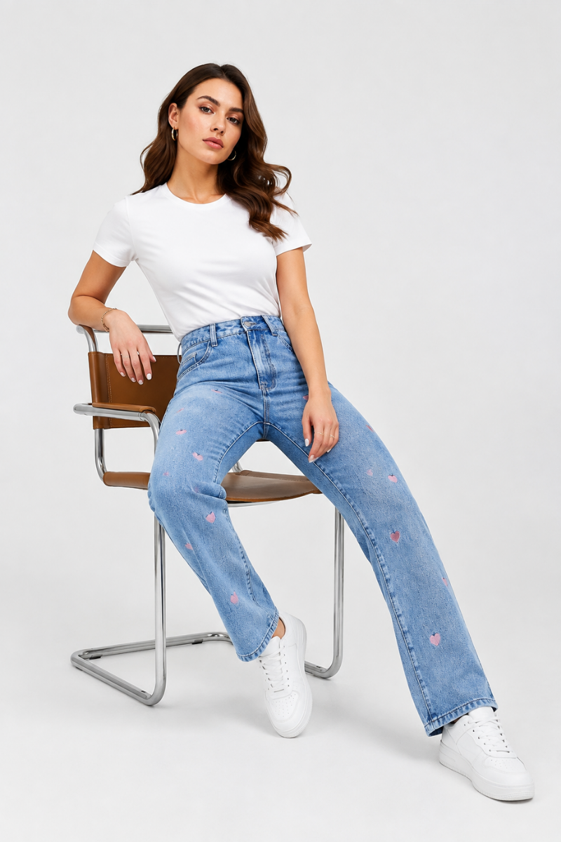 Women's Pink Heart Embroidered Straight Leg Jeans