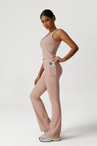 Women Naked Feel Yoga Set: V-Neck Tank + Flared Pants