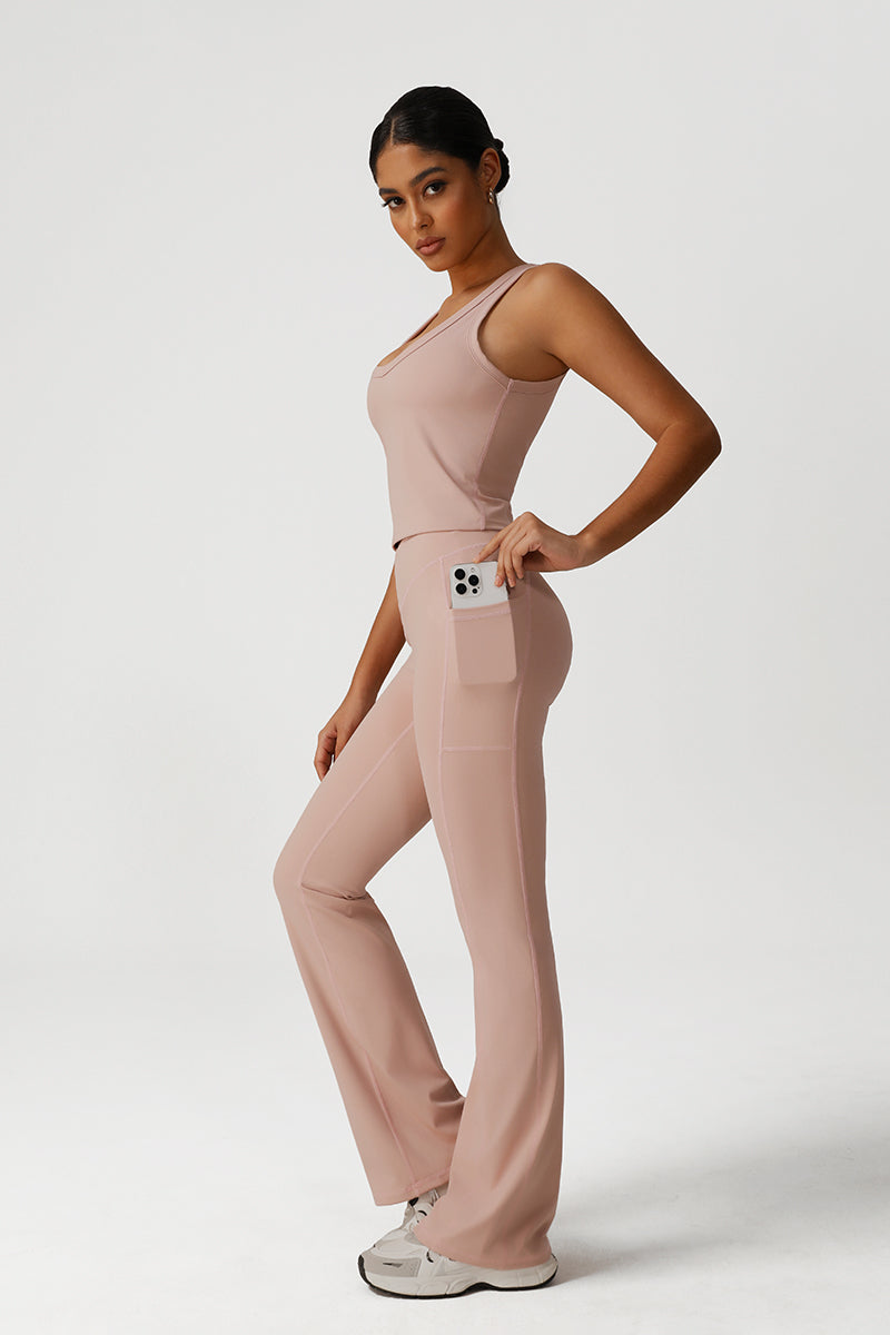 Women Naked Feel Yoga Set: V-Neck Tank + Flared Pants