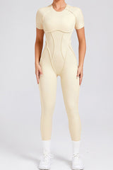 Women Stereoscopic Backless Skinny Short Sleeve Long Pants One Piece Sports Yoga Bodysuit