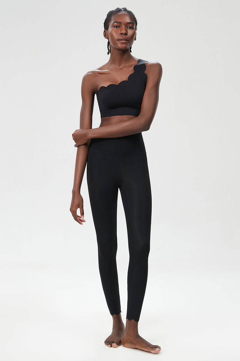 Women Wave Hem Liquid Yoga Set - One-Shoulder Bra & Sculpting Leggings