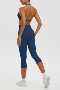 Women Halter V-neck Bra & High Waist Capri Leggings Yoga Set