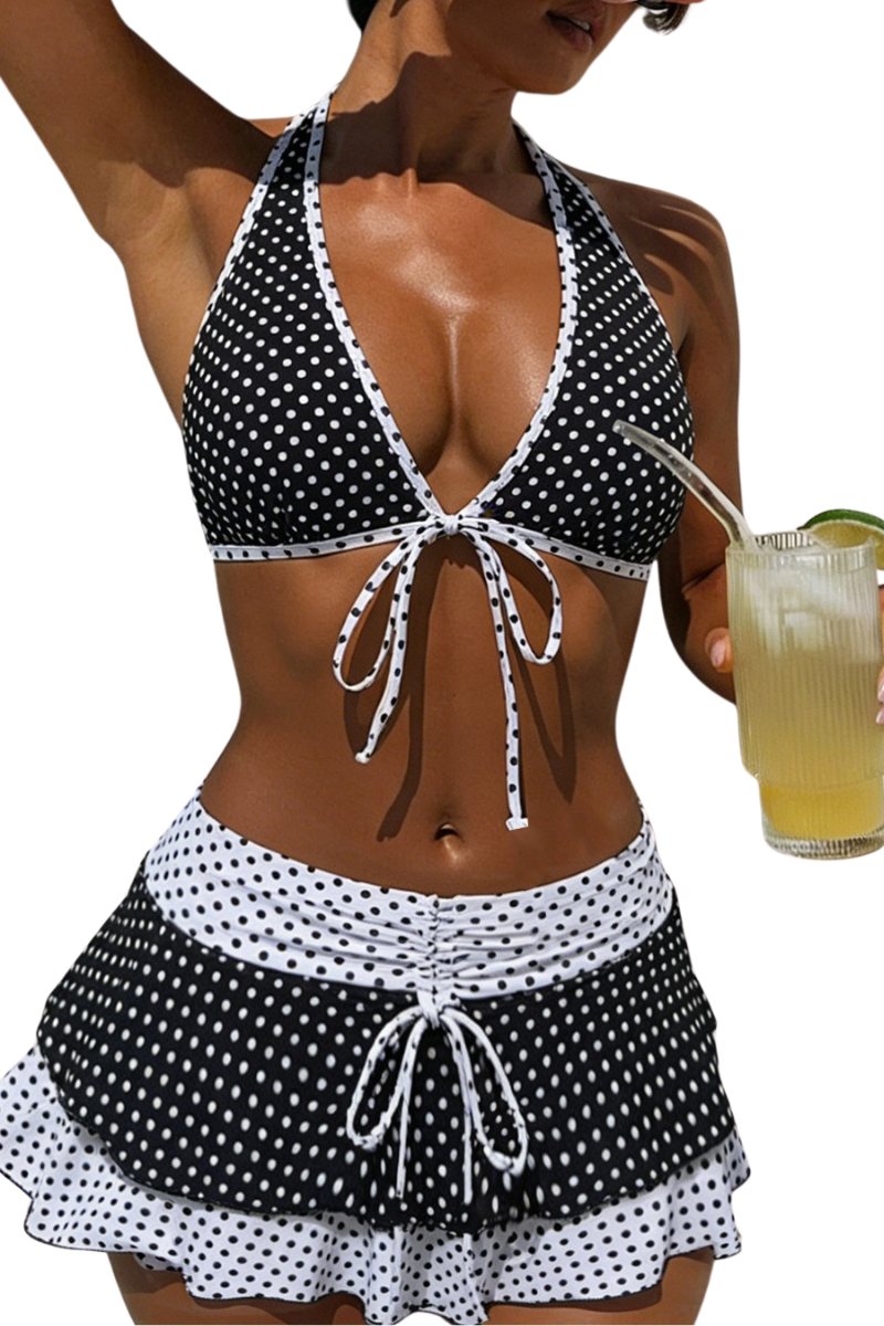 Women's Polka Dot Halter Triangle Ruffle Skirted Bikini Sets