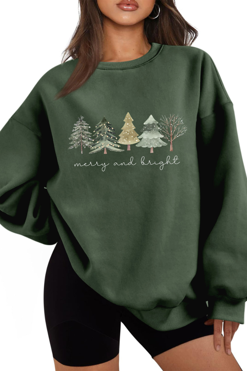 Women's Fall Christmas Tree Print Crew Neck Sweatshirt