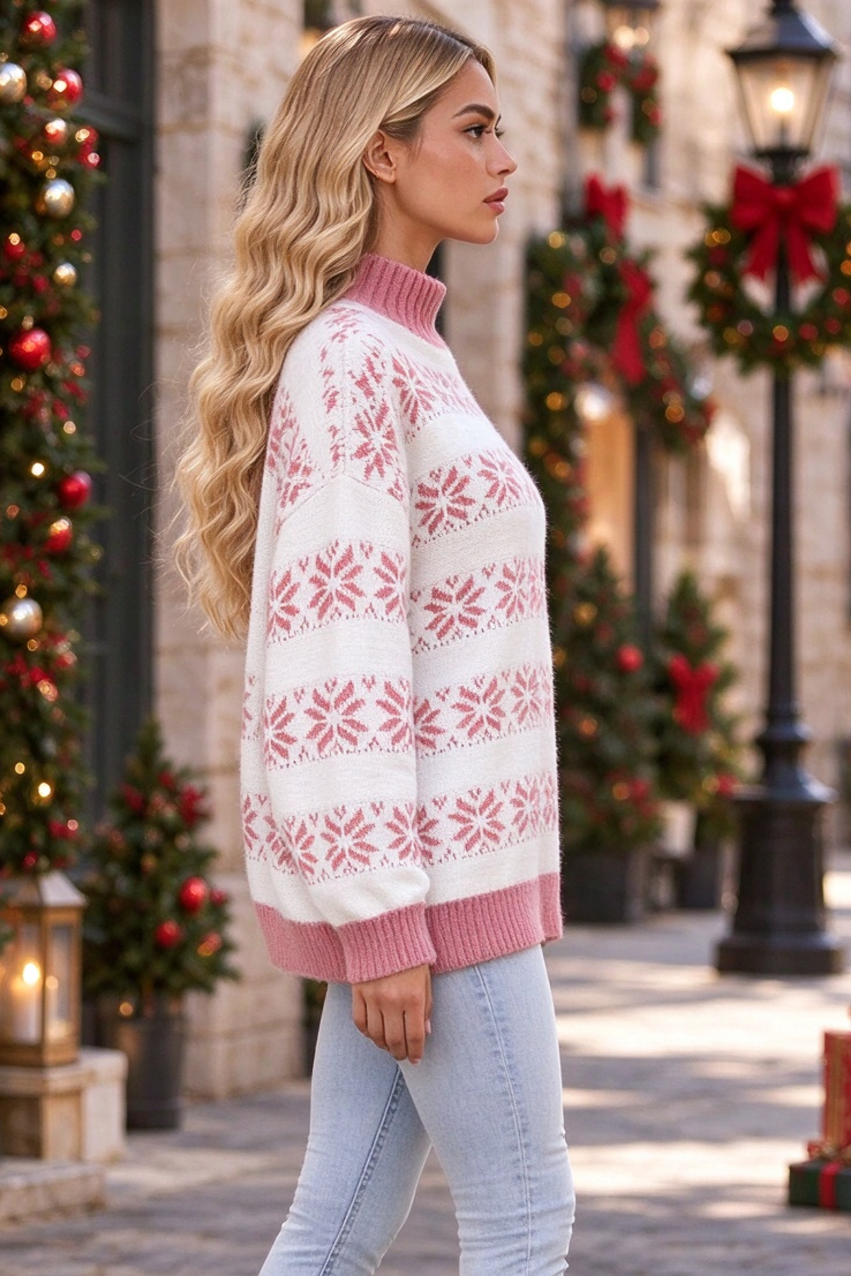 Women Christmas Snowflake Mock Neck Sweater No Cotton Lining