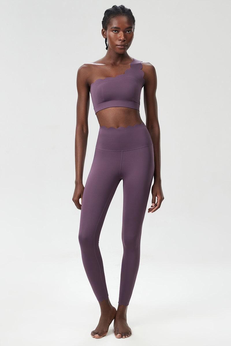 Women Wave Hem Liquid Yoga Set - One-Shoulder Bra & Sculpting Leggings