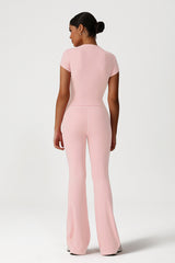 Women Naked Feel Yoga Set: Short Sleeve Top + Flared Pants