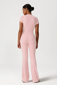 Women Naked Feel Yoga Set: Short Sleeve Top + Flared Pants