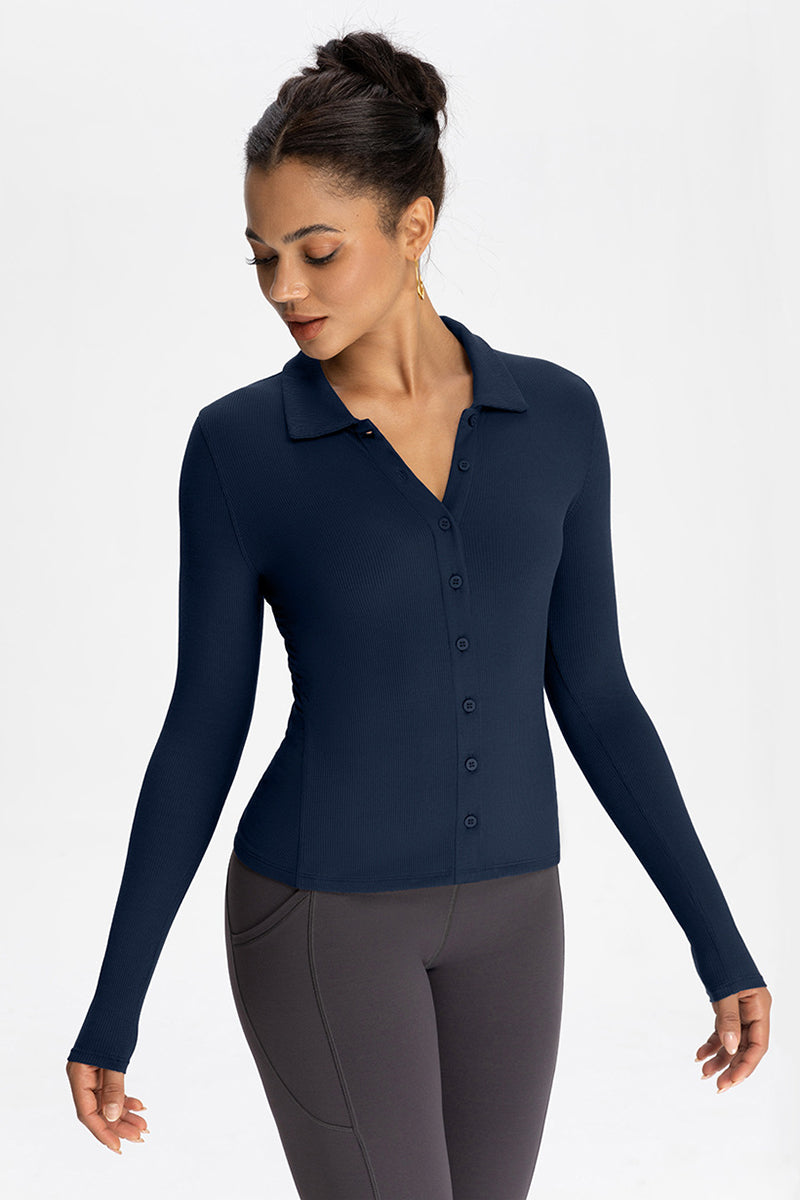 Women Modal Henley Collar Button Down Slim Fit Long Sleeve Yoga Top