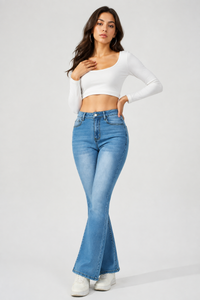 Women's Mid-Rise Stretchy Denim Flare Bootcut Jeans