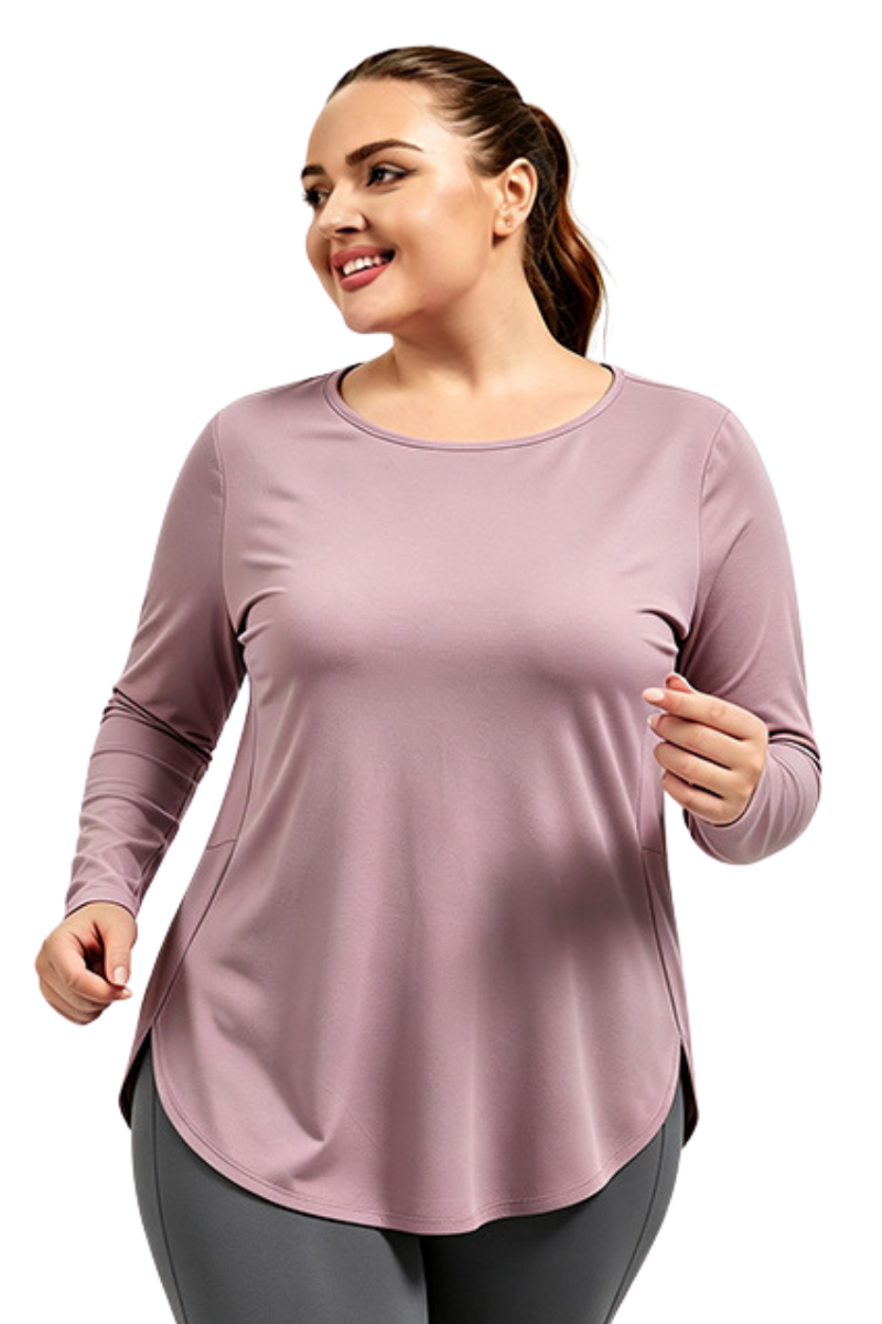 Plus Size Women's Fall Side Slit Curved Hem Long Sleeve Top