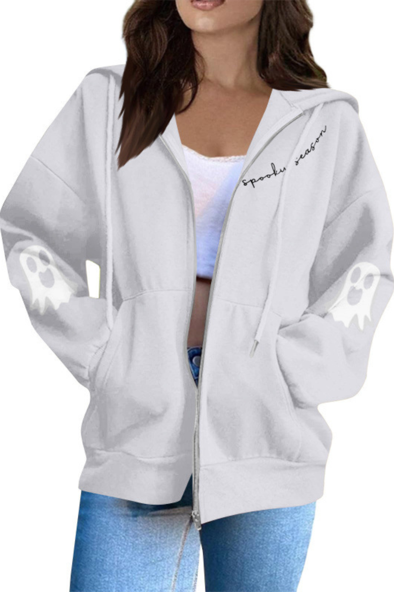 Women Halloween Ghost Print Zip Up Hoodie