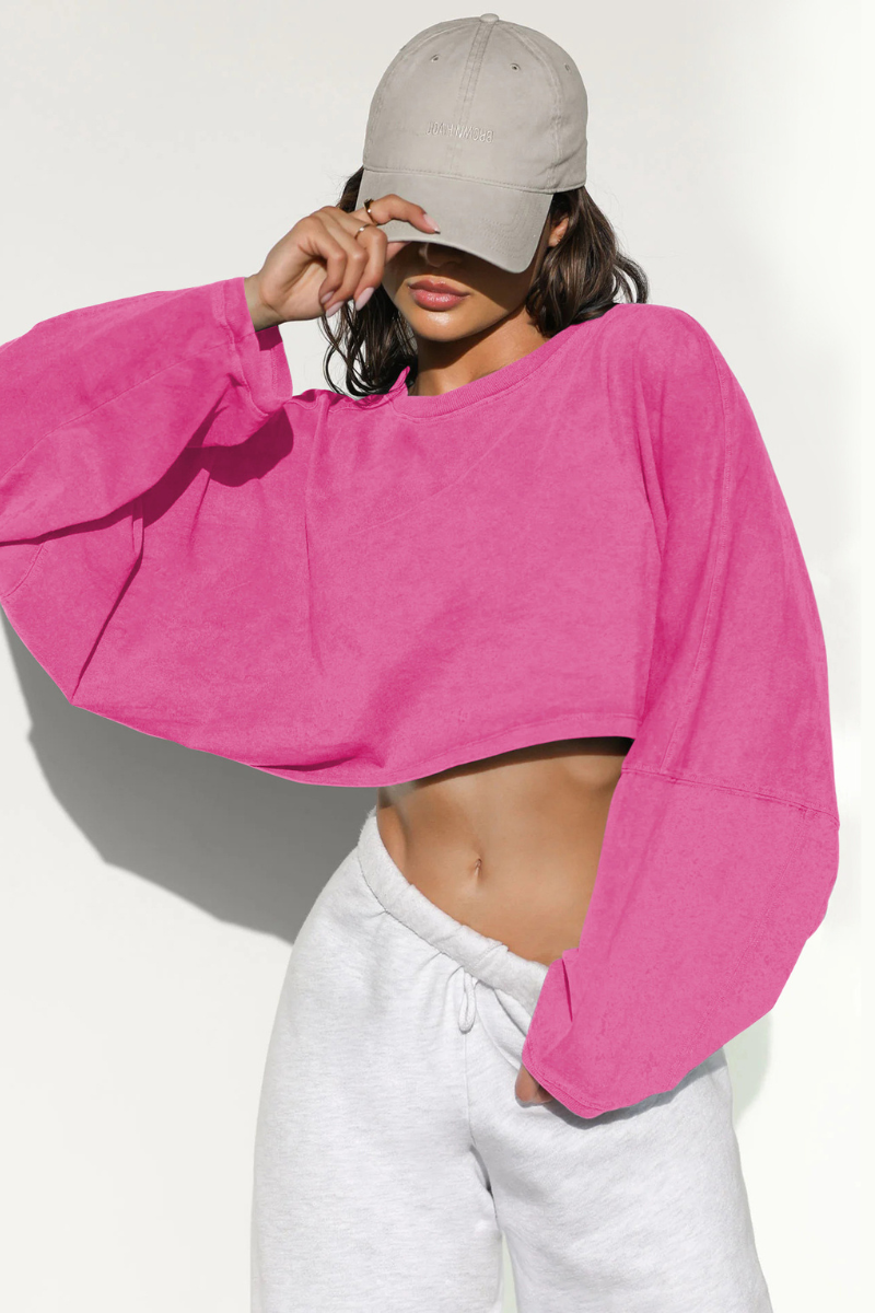 Women's Fall Cropped Drop Shoulder Relaxed Long Sleeve Top