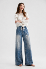 Women's High Waist Drawstring Wide Leg Jeans