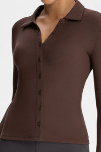 Women Modal Henley Collar Button Down Slim Fit Long Sleeve Yoga Top