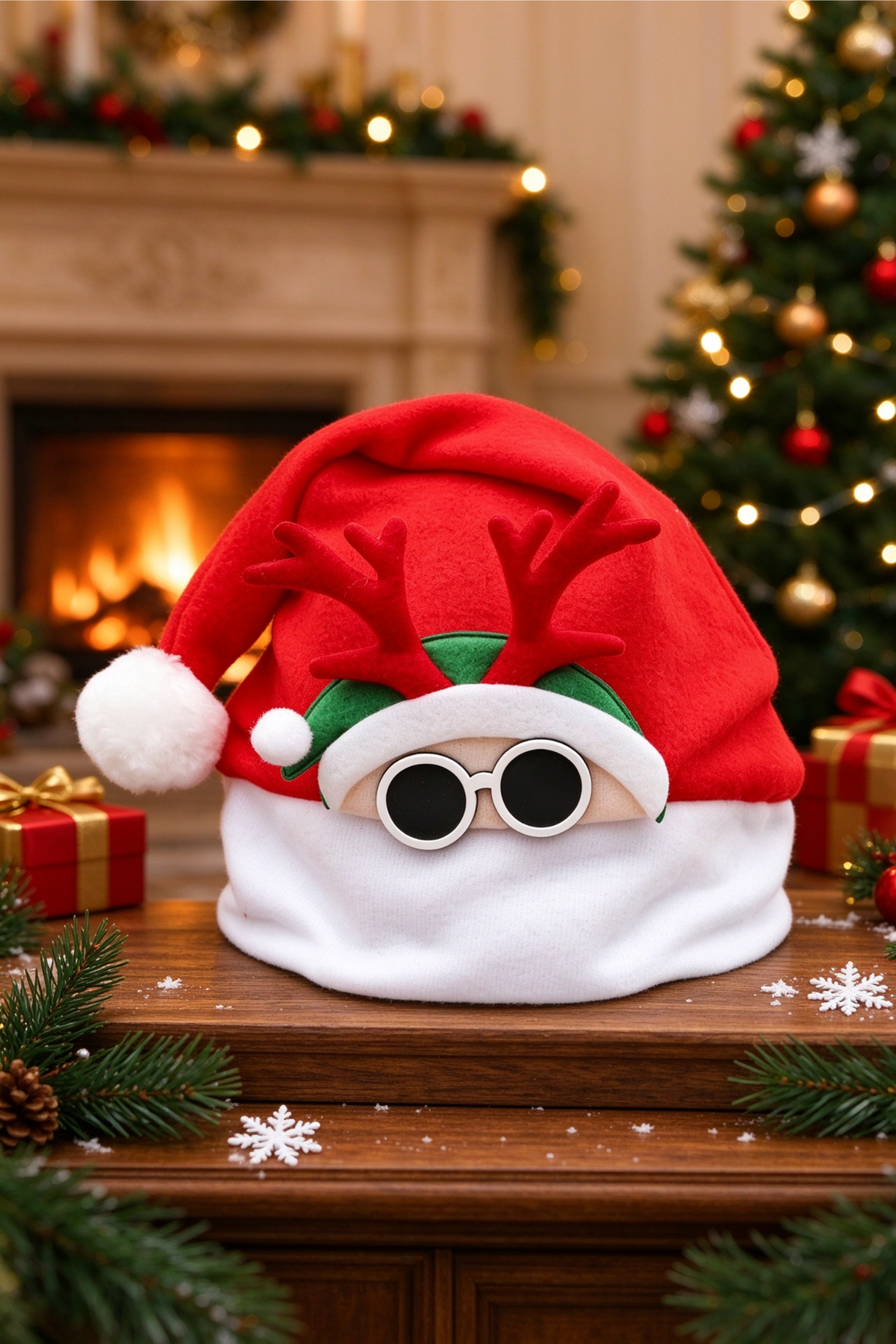 Unisex Cute Christmas Santa Hat With 3D Antler Sunglasses