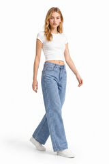 Women's Mid Waist Washed Straight Leg Jeans