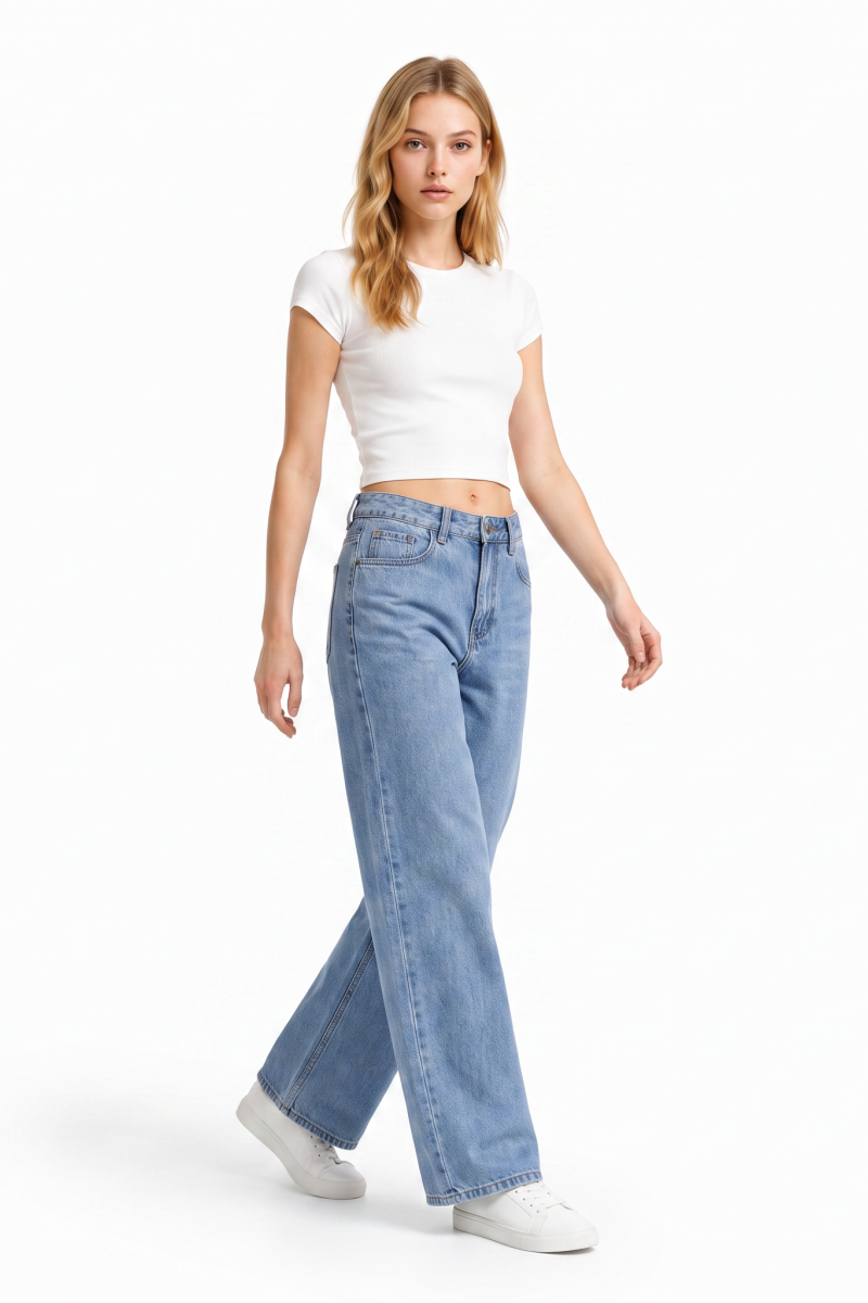 Women's Mid Waist Washed Straight Leg Jeans
