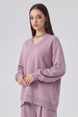 Women's Fall Boxy V Neck Drop Shoulder Rib Cuffs Sweatshirt