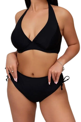 Women's Halter Deep V High Waist Side Tie Bikini Set - Solid