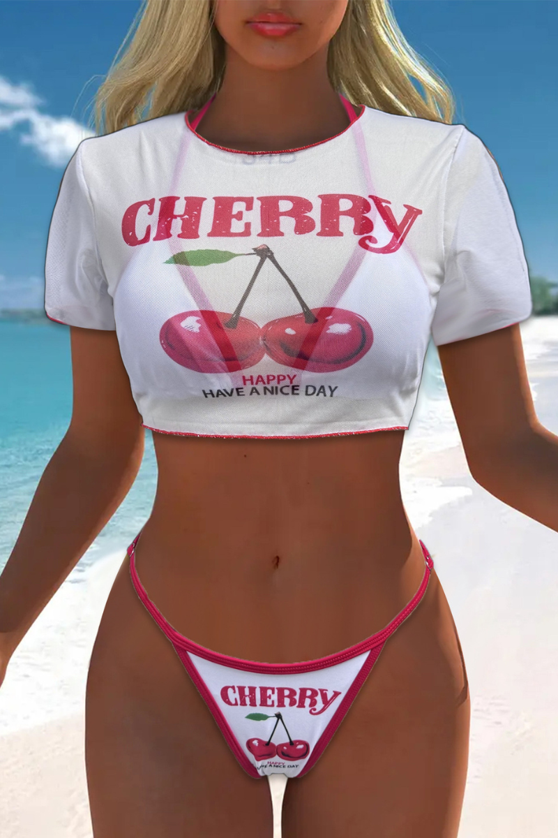 Women's Cherry Print Color Block Triangle Three Piece Bikini