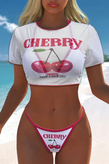 Women's Cherry Print Color Block Triangle Three Piece Bikini