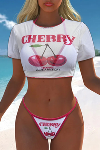 Women's Cherry Print Color Block Triangle Three Piece Bikini