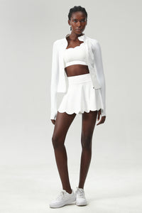 Women Single-Strap Tennis Sport Set: Wave-Hem Quick-Dry Lycroca Bra + Built-In Shorts Skort + Slim-Fit Zip-Training Jacket
