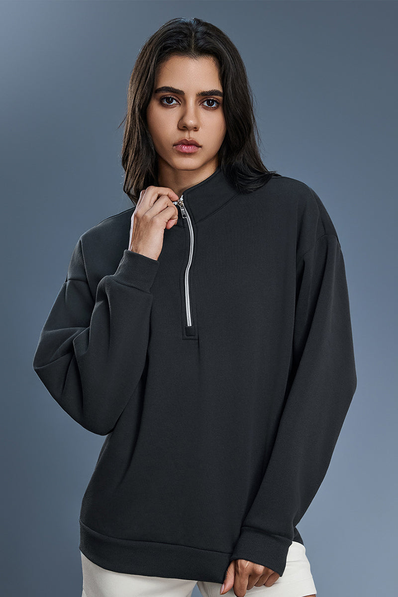 Women Half Zip Fleece Stand Collar Loose Casual Warm Sweatshirt
