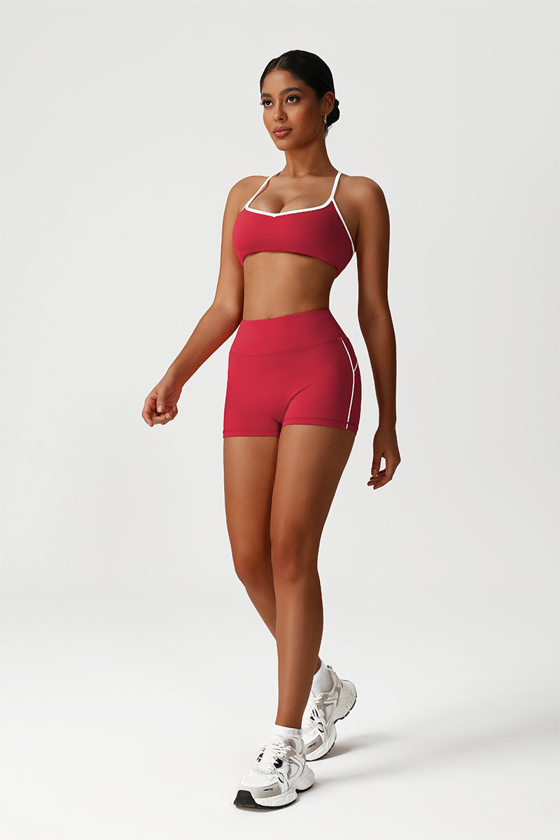 Women Seamless High Waisted Workout Set: Cross Back Sports Bra + Peach Lifting Shorts