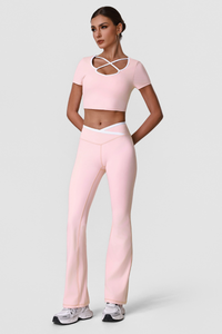 Women's Color Block Sets:Cropped T-shirt And Flared Pants