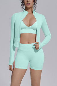 Women's Seamless Bra&Stand Collar Jacket &Shorts 3 Piece Set