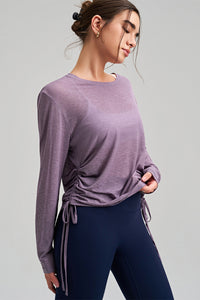Women Round Neck Yoga Cover Long Sleeve Side Drawstring Loose Fit Sports Top
