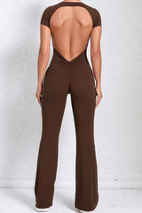 Women Short Sleeve Big Backless One Piece Flare Tight Nude Outfit Fitness Sports Yoga Bodysuit