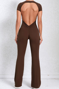 Women Short Sleeve Big Backless One Piece Flare Tight Nude Outfit Fitness Sports Yoga Bodysuit