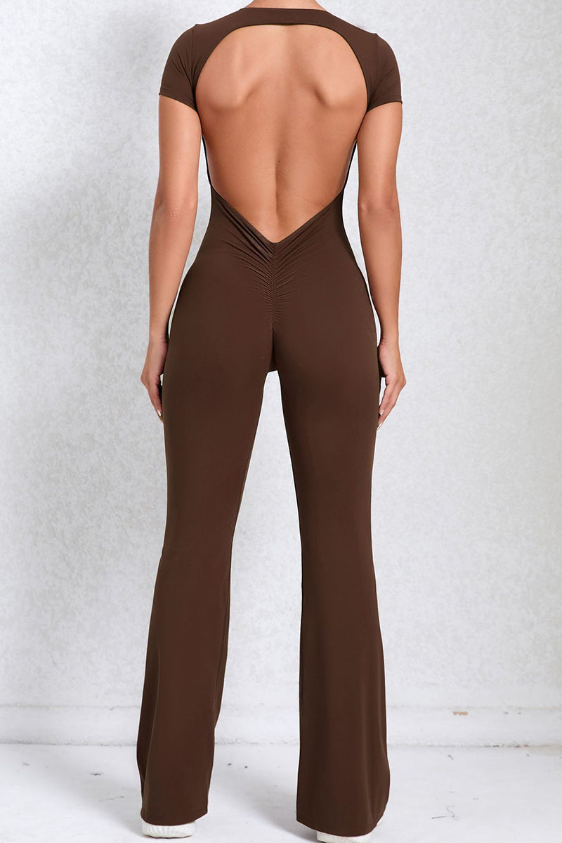 Women Short Sleeve Big Backless One Piece Flare Tight Nude Outfit Fitness Sports Yoga Bodysuit