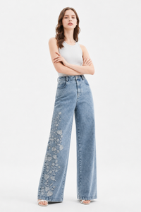 Women's High Waist Floral Embroidered Wide Leg Jeans