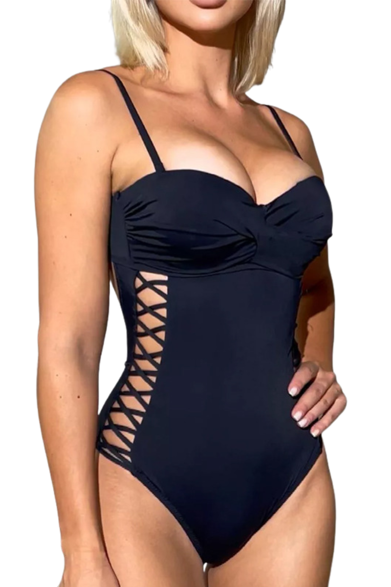 Women's Deep V Crisscross Hollow One Piece Swimsuit - Black